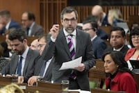 Minister of Environment and Climate Change Steven Guilbeault rises during question period, in Ottawa on Feb. 26, 2024. THE CANADIAN PRESS/Adrian Wyld