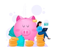 Banking, online payments. Financial concept. Woman working on laptop near big piggy bank. Flat style. Vector illustration on white background