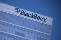 FILE PHOTO: The Blackberry logo is shown on a office tower in Irvine, California, U.S., October 20, 2020.   REUTERS/Mike Blake/File Photo