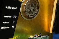 The results of a vote on a resolution for the UN Security Council to reconsider and support the full membership of Palestine into the United Nations is displayed during a special session of the UN General Assembly, at UN headquarters in New York City on May 10, 2024. A veto from the United States during an April 18, 2024 UN Security Council meeting previously foiled the Palestinians' drive for full UN membership. (Photo by Charly TRIBALLEAU / AFP) (Photo by CHARLY TRIBALLEAU/AFP via Getty Images)