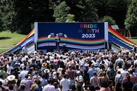 US President Joe Biden speaks during a Pride celebration on the South Lawn of the White House in Washington, DC, on June 10, 2023. (Photo by Brendan Smialowski / AFP) (Photo by BRENDAN SMIALOWSKI/AFP via Getty Images)
