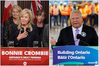 Ontario Liberal Leader Bonnie Crombie talks to the media at the Queens Park Legislature in Toronto on December 5, 2023; Ontario Premier Doug Ford speaks to the media during an announcement in Caledon, Ont., on Tuesday, April 30, 2024. THE CANADIAN PRESS/Chris Young, Cole Burston