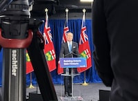 <p>Ontario Finance Minister Peter Bethlenfalvy speaks in the government's new communication centre in the basement of a building connected to the Ontario legislature by tunnel on Tuesday March 26, 2024. The Ontario government is spending about $310,000 on a new space for press conferences, which opposition parties say duplicates a room that already exists and will mean less access for the media. THE CANADIAN PRERSS/Liam Casey</p>