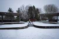 A man walks during a light snow at Queen Elizabeth Park in Vancouver, B.C., Monday, Jan. 8, 2024. Areas in and surrounding Vancouver received the first snow of the season. THE CANADIAN PRESS/Ethan Cairns 