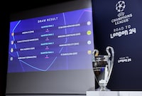Soccer Football - Champions League - Draw For Quarter Final, Semi Final and Final - UEFA Headquarters, Nyon, Switzerland - March 15, 2024 General view of the Champions League trophy alongside the quarter final draw on the big screen REUTERS/Denis Balibouse