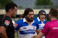 Toronto Arrows captain Lucas Rumball, centre, is shown in this undated handout image. The Toronto Arrows have re-signed captain Rumball, the Major League Rugby franchise's first-ever signing. The 28-year-old flanker from Toronto returns for a sixth season. Rumball has made 54 career appearances (including 51 starts) since the club's inaugural 2019 campaign, second only to the recently retired Mike Sheppard's 59 appearances. THE CANADIAN PRESS/HO-Neil MacDougall *MANDATORY CREDIT*