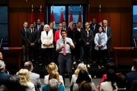 Prime Minister Justin Trudeau addresses caucus during a meeting on Parliament Hill  in Ottawa on Wednesday, April 17, 2024.  THE CANADIAN PRESS/Sean Kilpatrick

