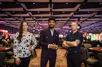 Profesional boxers: (from left) Melinda Watpool, Sukhdeep Singh Batt and Brandon Cook pose for a photograph at the Pickering Casino Resort, in Pickering, Ont., on Wednesday Jan. 25, 2023. (Christopher Katsarov/The Globe and Mail)