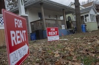 A rent sign is seen on a house on Josephine Avenue near the University of WIndsor, in Windsor, Ont., Friday, February 9, 2024.