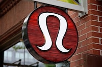 This Monday, June 5, 2017, photo, shows a Lululemon Athletica logo outside a store on Newbury Street in Boston.