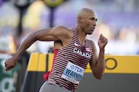 Damian Warner, of Canada, competes in a heat in the decathlon 400-meter run at the World Athletics Championships on Saturday, July 23, 2022, in Eugene, Ore. (AP Photo/Ashley Landis)
