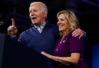 FILE PHOTO: U.S. President Joe Biden gestures while he speaks as first lady Jill Biden stands next to him during a campaign event at Strath Haven Middle School in Wallingford, Pennsylvania, U.S, March 8, 2024. REUTERS/Evelyn Hockstein/File Photo