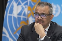 FILE - Tedros Adhanom Ghebreyesus, Director General of the World Health Organization (WHO), speaks to journalists during a press conference at the World Health Organization (WHO) headquarters in Geneva, Switzerland, Thursday April 6, 2023. The head of the U.N. health agency says holiday gatherings and the spread of the most prominent variant globally led to increased transmission of COVID-19 last month. (Martial Trezzini/Keystone via AP, File)