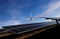 FILE PHOTO: View of a hybrid power park with solar panels and wind turbines in Sabugal, Portugal, January 12, 2023. REUTERS/Pedro Nunes/File Photo
