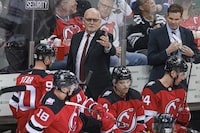 Apr 18, 2023; Newark, New Jersey, USA; New Jersey Devils head coach Lindy Ruff during the second period in game one of the first round of the 2023 Stanley Cup Playoffs against the New York Rangers at Prudential Center. Mandatory Credit: Vincent Carchietta-USA TODAY Sports
