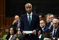 Minister of International Development Ahmed Hussen rises during Question Period in the House of Commons on Parliament Hill in Ottawa on Thursday, Oct. 19, 2023. THE CANADIAN PRESS/Justin Tang
