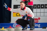 Team Canada skip Brad Gushue signals during draw four action against Japan at the Pan Continental Curling Championship in Kelown, B.C. on Tuesday, Oct.31, 2023. Gushue says he doesn't blame TSN for dropping television coverage of the Pan Continental Curling Championships.THE CANADIAN PRESS/HO-Michael Burns **MANDATORY CREDIT** 