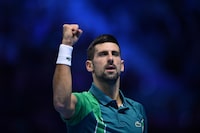TURIN, ITALY - NOVEMBER 18:  Novak Djokovic of Serbia celebrates a point against Carlos Alcaraz of Spain during the Men's Singles Semi Final match on day seven of the Nitto ATP Finals at Pala Alpitour on November 18, 2023 in Turin, Italy.  (Photo by Valerio Pennicino/Getty Images)