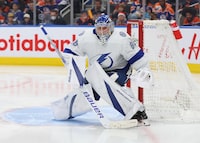EDMONTON, CANADA - DECEMBER 14: Andrei Vasilevskiy #88 of the Tampa Bay Lightning set up to make a save in the third period against the Edmonton Oilers on December 14, 2023 at Rogers Place in Edmonton, Alberta, Canada. (Photo by Lawrence Scott/Getty Images)
