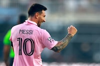 FORT LAUDERDALE, FLORIDA - JULY 25: Lionel Messi #10 of Inter Miami CF reacts in the second half during the Leagues Cup 2023 match between Inter Miami CF and Atlanta United at DRV PNK Stadium on July 25, 2023 in Fort Lauderdale, Florida. (Photo by Megan Briggs/Getty Images)