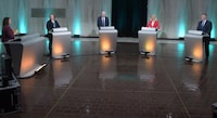 Moderator Louise Martin, left to right, New Democratic Party Leader Michelle Neill, Green Party Leader Peter Bevan-Baker, Liberal Party Leader Sharon Cameron and Progressive Conservative Leader Dennis King take part in the leaders debate in Charlottetown Monday March 27, 2023. This is the only televised leaders debate ahead of the April 3 provincial election. THE CANADIAN PRESS/Brian McInnis