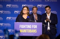 Manitoba Progressive Conservative Leader Heather Stefanson announces her resignation as party leader during a speech at the PC election night party in Winnipeg on Oct. 3, 2023. THE CANADIAN PRESS/Daniel Crump.