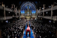 The casket of former Canadian Prime Minister Brian Mulroney is carried out at the end of his funeral, in Montreal, Quebec, Canada, March 23, 2024.  Adrian Wyld/Pool via REUTERS