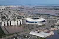 The Gremio Arena and surrounding area are flooded after heavy rain in Porto Alegre, Rio Grande do Sul state, Brazil, Wednesday, May 8, 2024. (AP Photo/Andre Penner)
