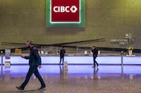 The CIBC logo displayed in the lobby of its headquarters in Toronto on Monday, Oct. 25, 2021.