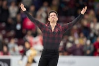 Keegan Messing of Canada takes a bow following his free skate in the men's competition during the ISU Grand Prix Skate Canada International figure skating event in Mississauga, Ontario, on October 29, 2022. (Photo by Geoff Robins / AFP) (Photo by GEOFF ROBINS/AFP via Getty Images)