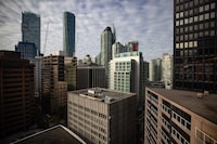 Office towers, hotels and condos are seen in downtown Vancouver, Sunday, Oct. 25, 2020.