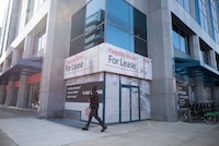 Business insolvencies almost doubled year over year in the first quarter of 2024, while consumer insolvencies reached their highest level since the last pre-pandemic quarter. A commercial retail space is advertised for lease along King Street West in Toronto on March 9, 2021. THE CANADIAN PRESS/Tijana Martin