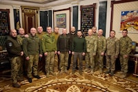 This handout photograph taken and released by the Ukrainian Presidential Press Service on February 10, 2024 shows the Ukrainian President Volodymyr Zelensky (C) with newly appointed Commander-in-Chief of the Armed Forces of Ukraine Oleksandr Syrsky (C-R) and Minister of Defence of Ukraine Rustem Umerov (C-L) with other miliraty members during their counsel in Kyiv. (Photo by Handout / UKRAINIAN PRESIDENTIAL PRESS SERVICE / AFP) / RESTRICTED TO EDITORIAL USE - MANDATORY CREDIT " AFP PHOTO / UKRAINIAN PRESIDENTIAL PRESS SERVICE" - NO MARKETING NO ADVERTISING CAMPAIGNS - DISTRIBUTED AS A SERVICE TO CLIENTS (Photo by HANDOUT/UKRAINIAN PRESIDENTIAL PRESS SERVICE/AFP via Getty Images)