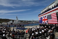 FILE PHOTO: U.S. President Joe Biden, Australian Prime Minister Anthony Albanese and British Prime Minister Rishi Sunak deliver remarks on the Australia - United Kingdom - U.S. (AUKUS) partnership, after a trilateral meeting, at Naval Base Point Loma in San Diego, California U.S. March 13, 2023. REUTERS/Leah Millis/File Photo