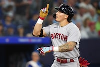 Boston Red Sox's Jarren Duran (16) celebrates his two run home run against the Toronto Blue Jays during sixth inning American League MLB baseball action in Toronto, on Friday, June 30, 2023.THE CANADIAN PRESS/Chris Young