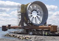 A turbine for the Cape Sharp Tidal project is seen at the Pictou Shipyard in Pictou, N.S., on Thursday, May 19, 2016. The Nova Scotia government is proposing legislative changes to further support the development of tidal energy. THE CANADIAN PRESS/Andrew Vaughan