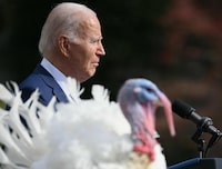 US President Joe Biden pardons the national Thanksgiving turkey, Liberty, during a pardoning ceremony at the White House in Washington, DC on November 20, 2023. (Photo by Mandel NGAN / AFP) (Photo by MANDEL NGAN/AFP via Getty Images)