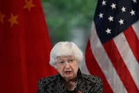 US Treasury Secretary Janet Yellen delivers a speech during the AmCham China Fireside Chat at Baiyun International Conference Center, in southern Chinese city of Guangzhou on April 5, 2024. (Photo by Pedro Pardo / AFP) (Photo by PEDRO PARDO/AFP via Getty Images)