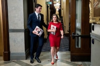 Prime Minister Justin Trudeau, left, and Deputy Prime Minister and Minister of Finance Chrystia Freeland make their way to the House of Commons to present the Fall Economic Statement on Parliament Hill in Ottawa, on Tuesday, Nov. 21, 2023.