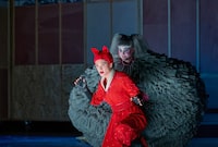 Jane Archibald as the Vixen and Carolyn Sproule as the Dog (behind) in the Canadian Opera Company’s production of The Cunning Little Vixen, 2024, photo: Michael Cooper