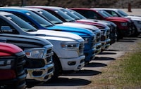 New Dodge Ram pickup trucks for sale are seen at an auto mall in Ottawa, on Monday, April 26, 2021. THE CANADIAN PRESS/Justin Tang