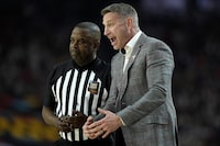 Alabama head coach Nate Oats yells during the first half of the NCAA college basketball game against UConn at the Final Four, Saturday, April 6, 2024, in Glendale, Ariz. (AP Photo/Brynn Anderson )