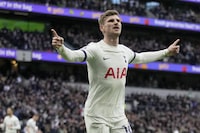 Tottenham's Timo Werner celebrates scoring his side's first goal during the English Premier League soccer match between Tottenham Hotspur and Crystal Palace at Tottenham Hotspur Stadium in London, Saturday, March 2, 2024.(AP Photo/Kin Cheung)