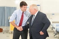 Prime Minister Justin Trudeau and Ontario Premier Doug Ford attend an announcement at Seneca College, in King City, Ont., Friday, Feb. 9, 2024. THE CANADIAN PRESS/Chris Young