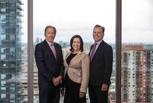 From left, Aimco Head of International Investment, David Scudellari, CEO Evan Siddall and CIO Marlene Puffer pictured in Edmonton Alberta, on July 27, 2023. Jason Franson/The Globe and Mail.