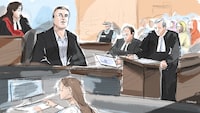 The trial of an Ontario man accused of killing four members of a Muslim family in an alleged act of terrorism is set to hear more evidence from the defence today. Left to right: Justice Renee Pomerance, Nathaniel Veltman, defence lawyers Peter Ketcheson and Christopher Hicks attend court during Veltman's trial in Windsor, Ont., as shown in this Thursday, Oct. 12, 2023 courtroom sketch. THE CANADIAN PRESS/Alexandra Newbould