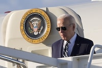 President Joe Biden boarding Air Force One at Andrews Air Force Base, Md., Friday, April 12, 2024, enroute to New Castle, Del. (AP Photo/Pablo Martinez Monsivais) President Joe Biden during his arrival on Air Force One at Delaware Air National Guard Base in New Castle, Del., Friday, April 12, 2024.(AP Photo/Pablo Martinez Monsivais)