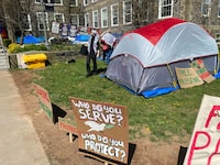 More than a dozen tents are set up at a pro-Palestine encampment in front of a Dalhousie University building in Halifax on Monday, May 13, 2024. THE CANADIAN PRESS/Lyndsay Armstrong