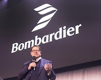 Bombardier chief executive Eric Martel speaks at the unveiling of the company's new logo at their plant Wednesday, April 24, 2024  in Montreal.THE CANADIAN PRESS/Ryan Remiorz
