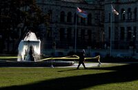Cold temperatures across the province set in as the fountain out front of the legislature freezes over during a cold spell in Victoria, B.C., on Friday, January 12, 2024. A warming trend is in the forecast for much of British Columbia after several days of record-breaking temperatures, but the cold weather on the Prairies will continue. THE CANADIAN PRESS/Chad Hipolito